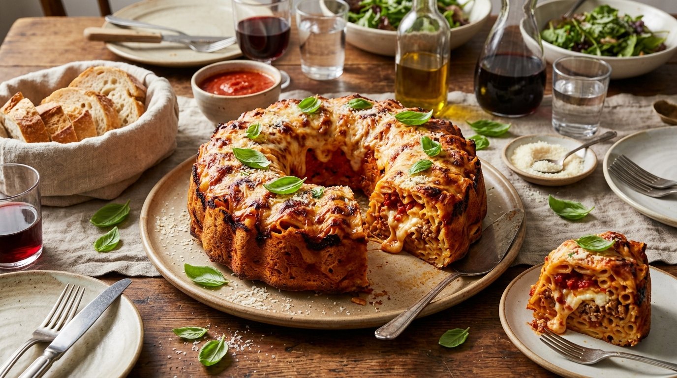 Baked ziti ring with melted mozzarella on a platter
