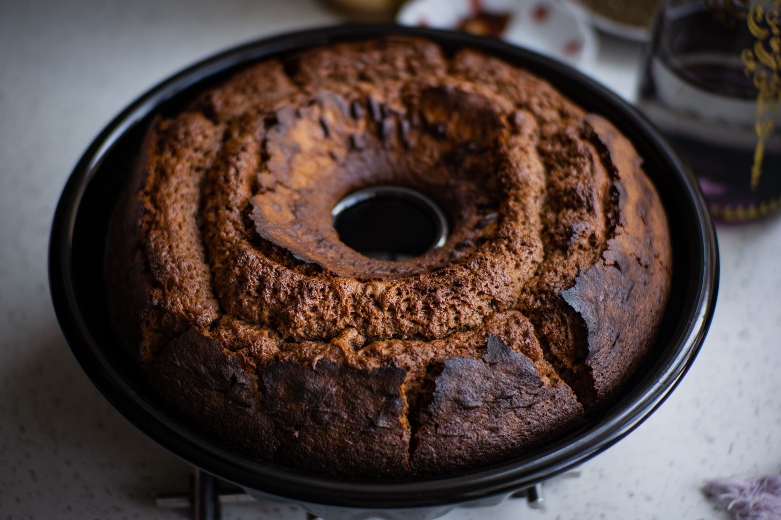 Chocolate cake turned out of a well greased fluted pan