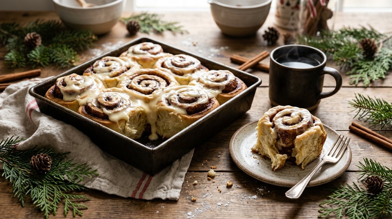 Pan of frosted homemade cinnamon rolls