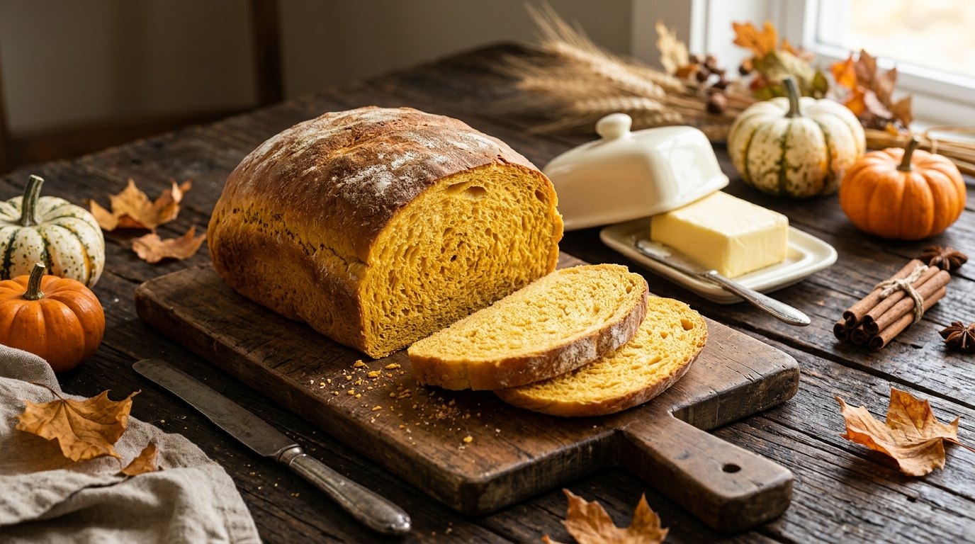 Sliced pumpkin yeast bread on a fall table