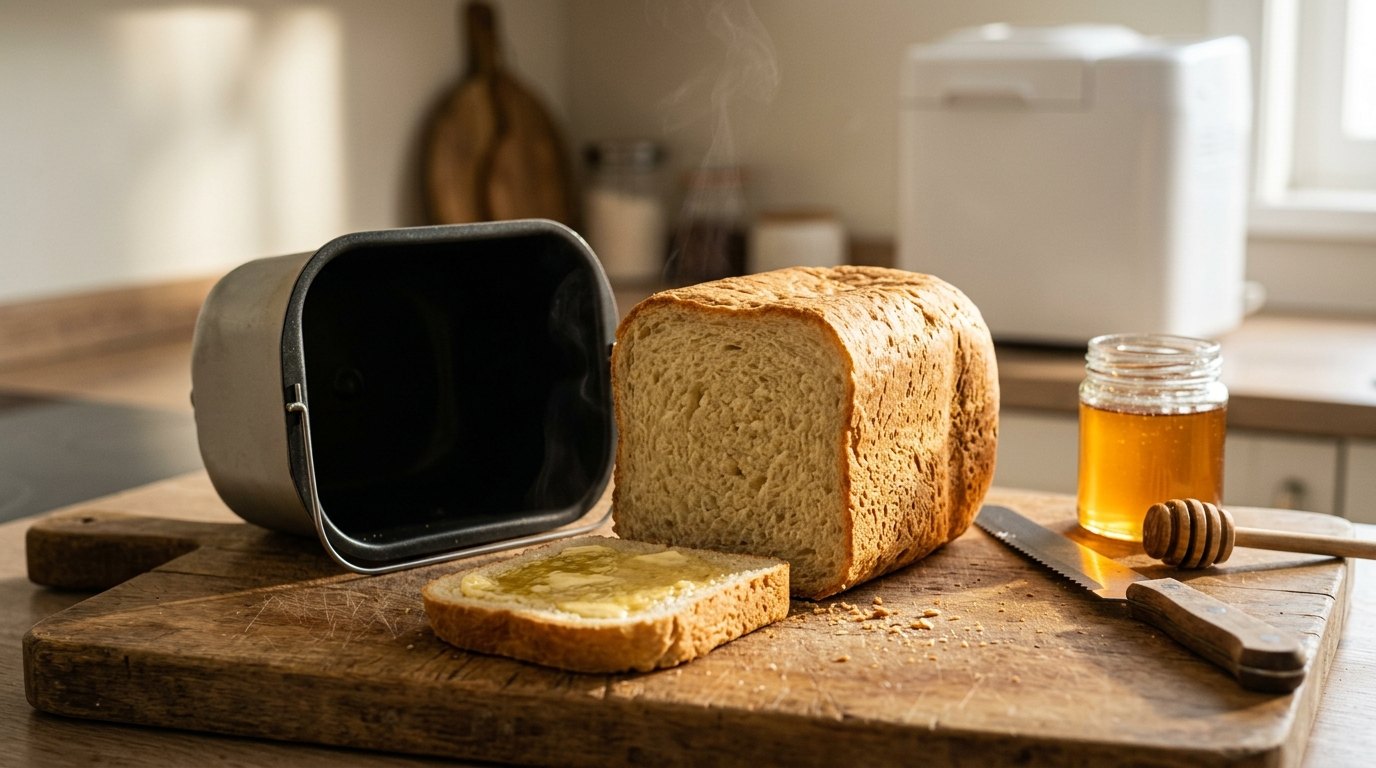 Bread machine recipes: golden homemade loaf tipped out of the bread pan with butter and honey