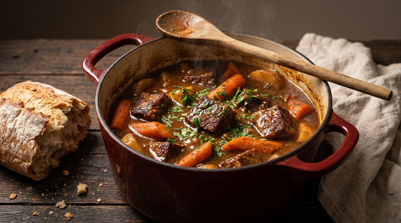 Beef stew in a red Dutch oven with crusty bread