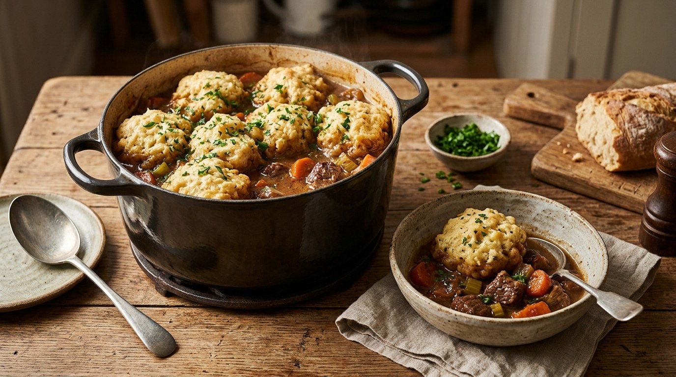 Beef stew topped with fluffy dumplings in a pot