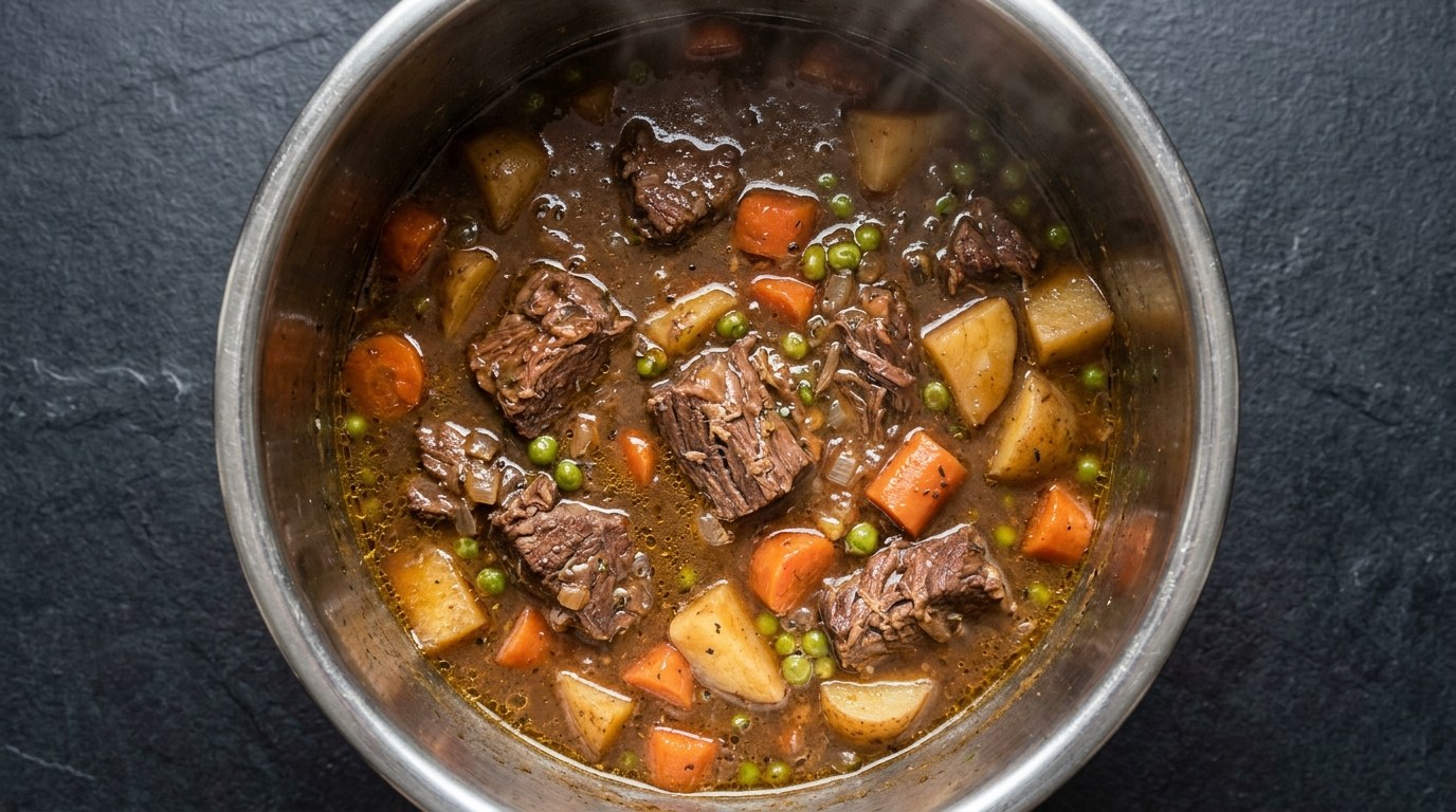 Pressure cooker beef stew with peas, carrots and potatoes