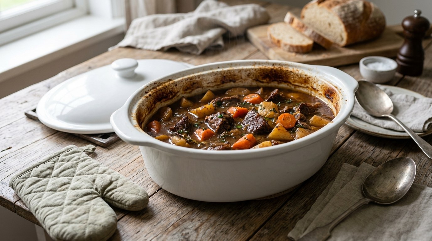 No-peek beef stew baked in a white casserole dish