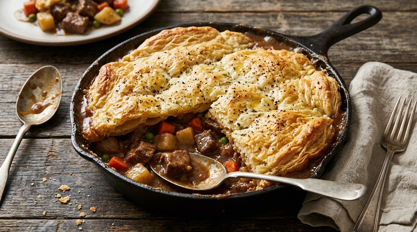 Beef stew pot pie with a flaky crust in a cast iron skillet
