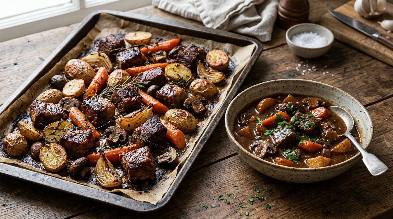 Roasted vegetables and seared meat on a sheet pan