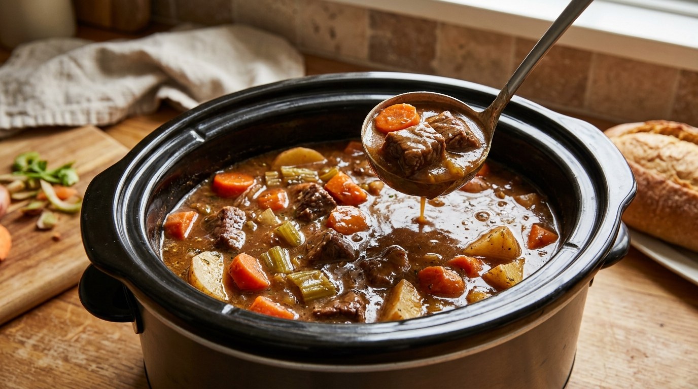 Slow cooker beef stew with a ladle