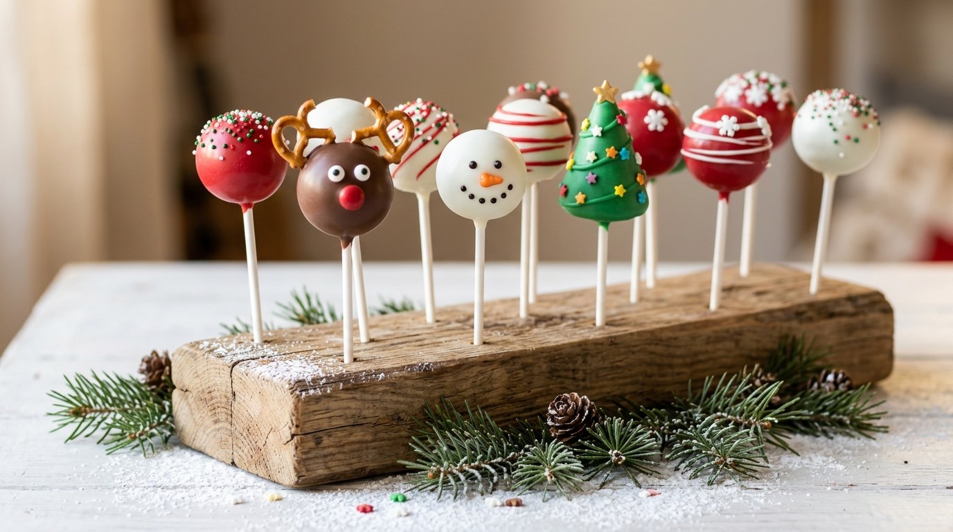 Christmas cake pops decorated as snowmen, reindeer and trees