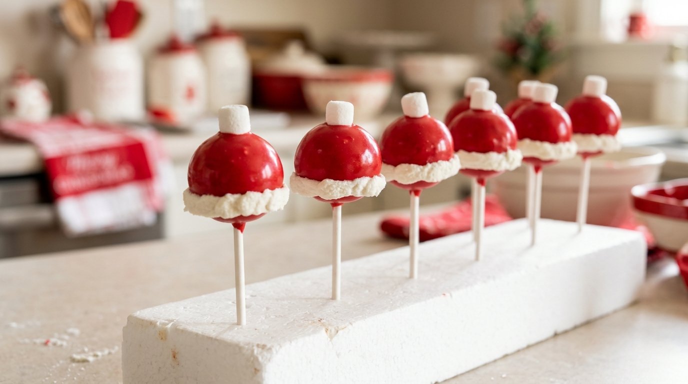 Santa hat Christmas cake pops in a white stand