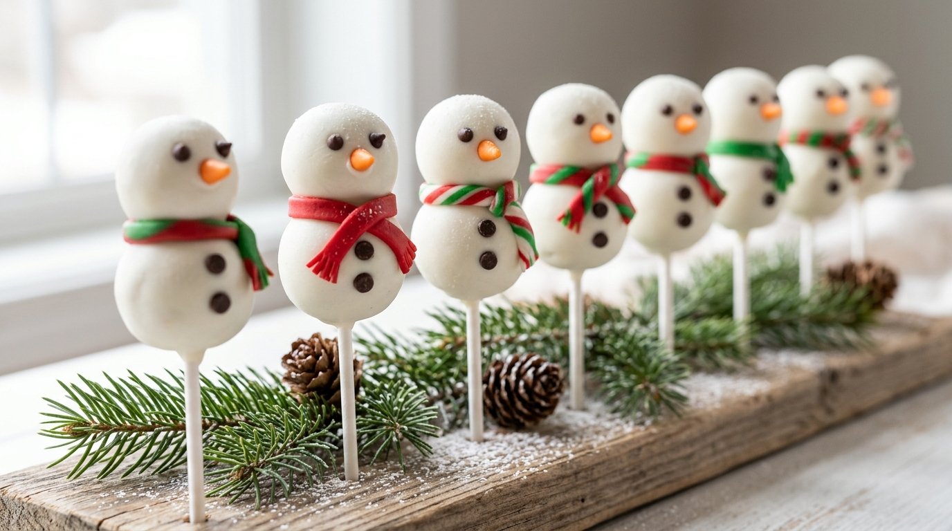 Snowman Christmas cake pops with candy scarves