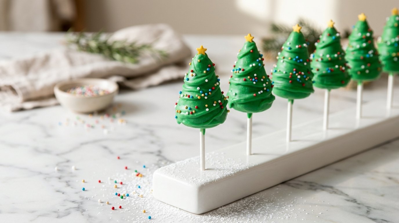 Christmas tree cake pops on a marble counter