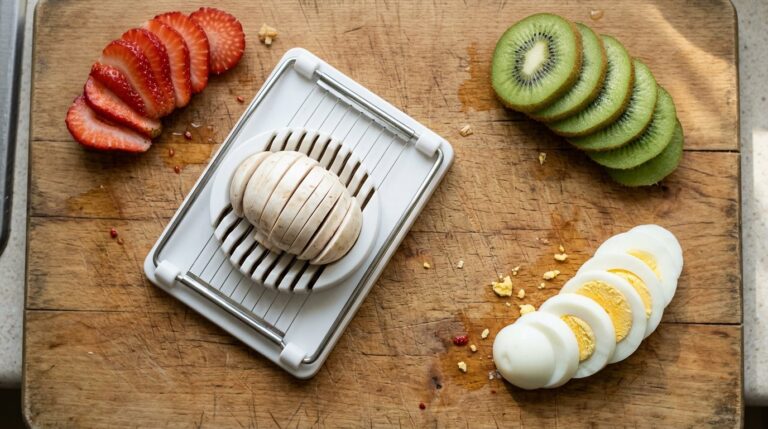 Egg slicer hacks: a wire egg slicer with sliced mushroom, strawberries, kiwi and eggs