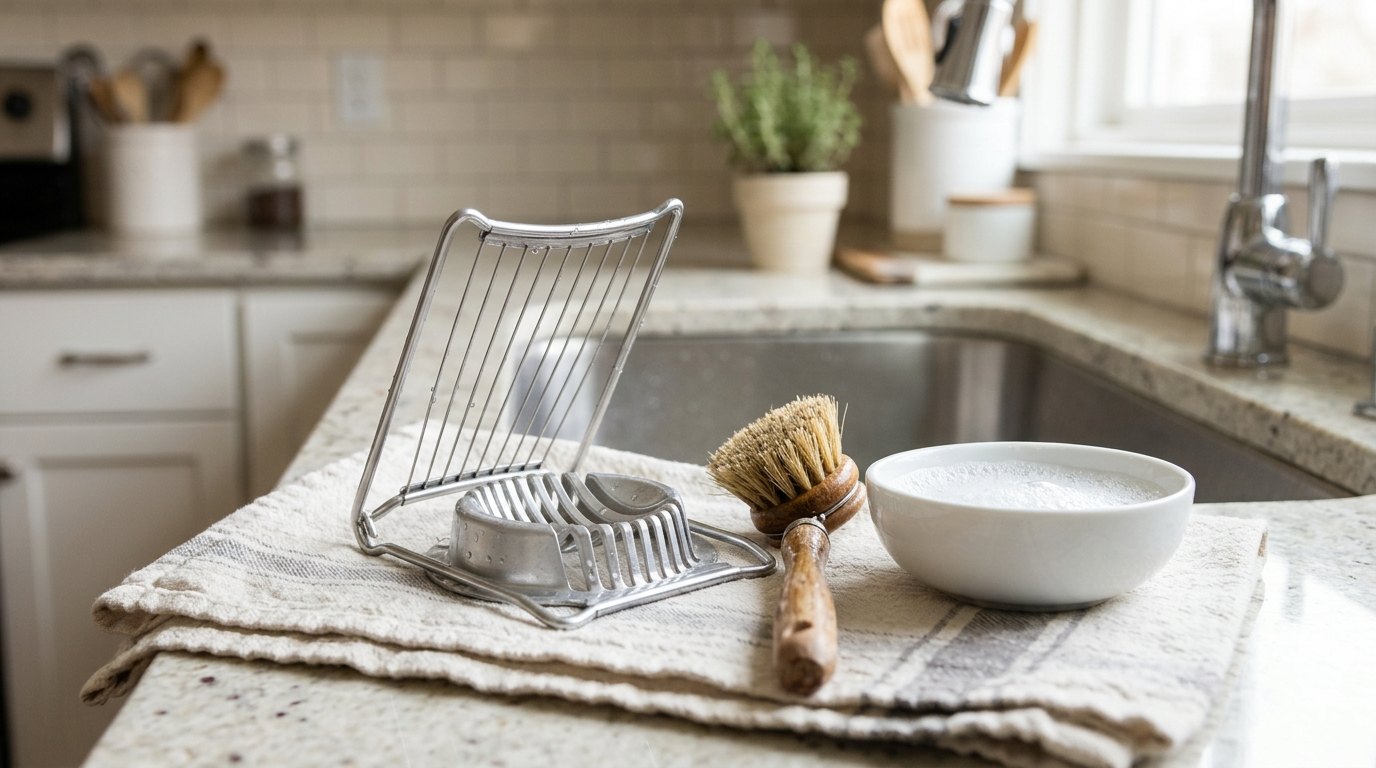 Egg slicer hacks for care: a clean wire slicer drying by the sink