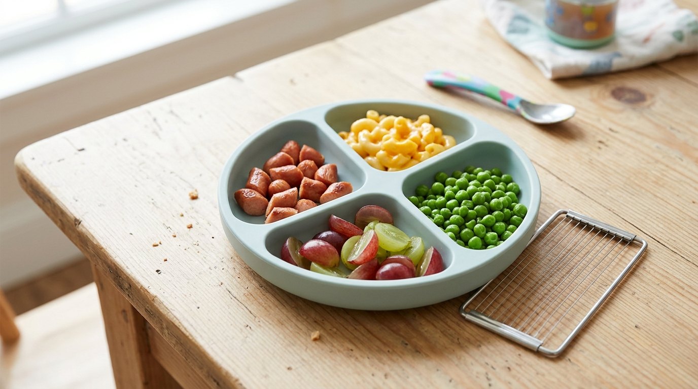 Toddler plate with hot dog pieces cut lengthwise, peas and quartered grapes