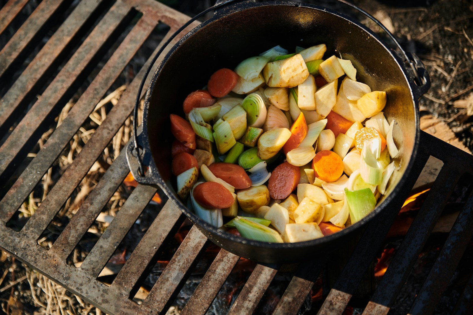 Irish-style pot with potatoes and carrots in cast iron