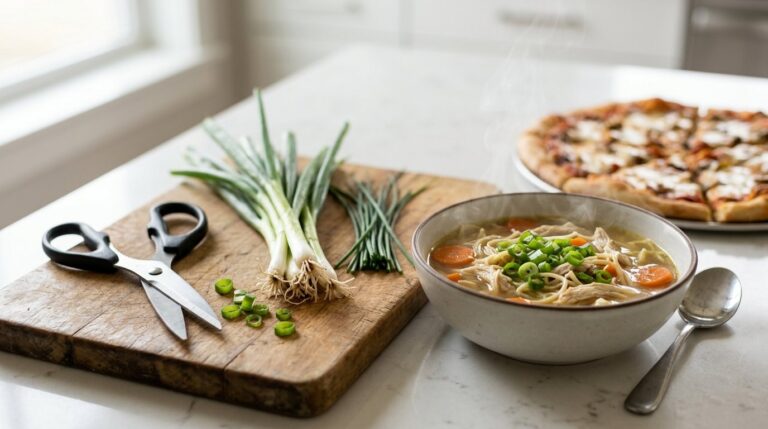 Kitchen scissors hacks: shears beside snipped green onions and a bowl of soup