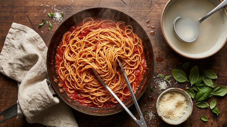 Pasta hacks: spaghetti tossed in red sauce in a skillet with pasta water and Parmesan