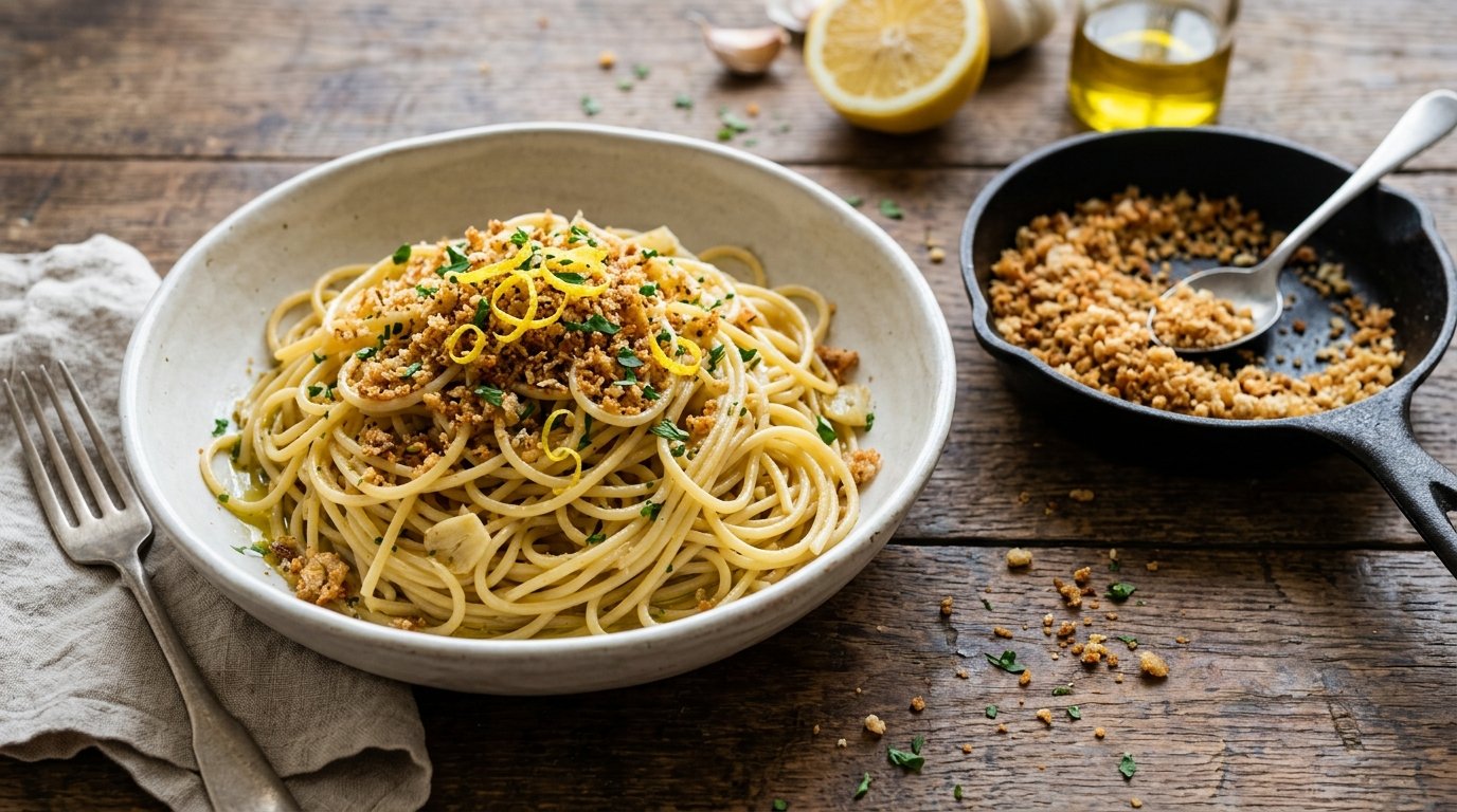 Spaghetti topped with toasted breadcrumbs and lemon zest
