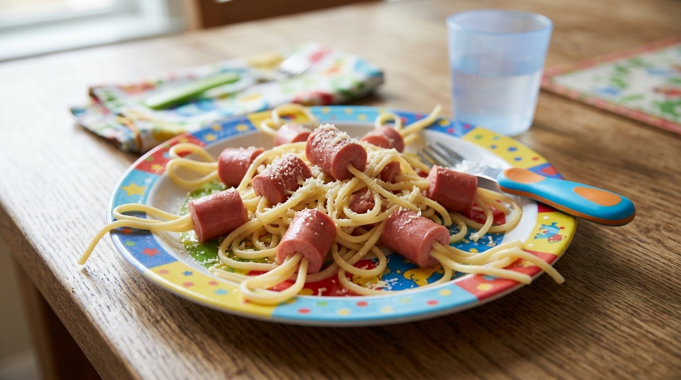 Hot dog pieces with spaghetti on a kids plate
