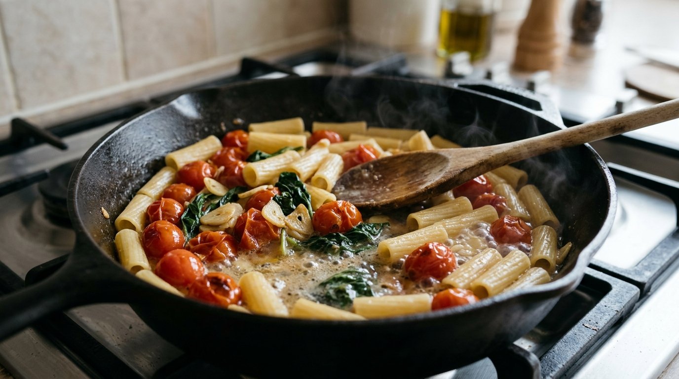 One-pan pasta with cherry tomatoes in a cast iron skillet