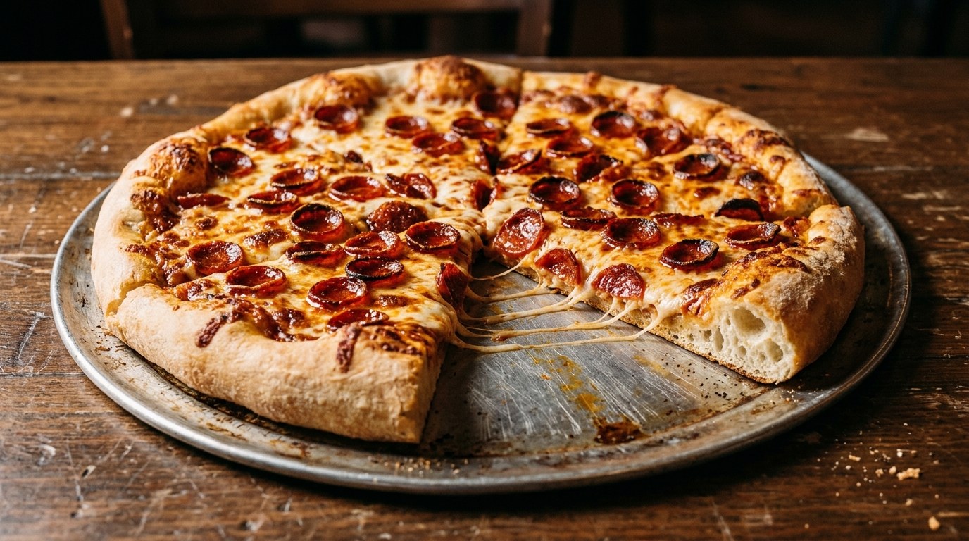 Thick crust pie with crispy cup pepperoni on a round metal tray