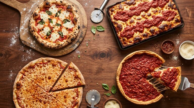 Pizza styles: New York, Detroit, deep dish and Neapolitan pizzas side by side on a wooden table