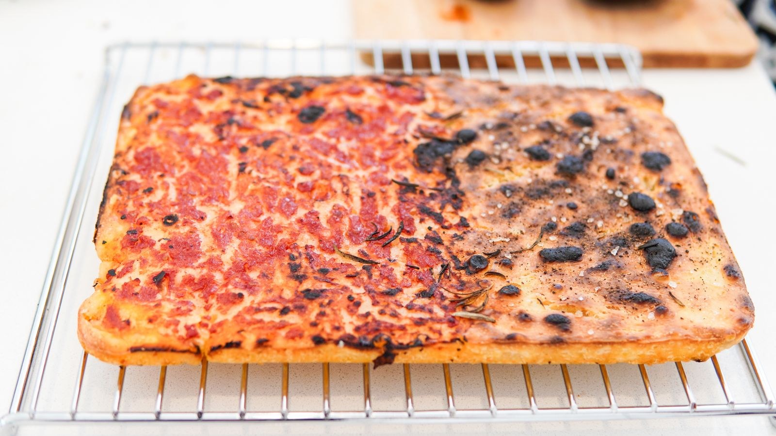 Pizza styles: thin grandma pie baked in a sheet pan with a crisp edge