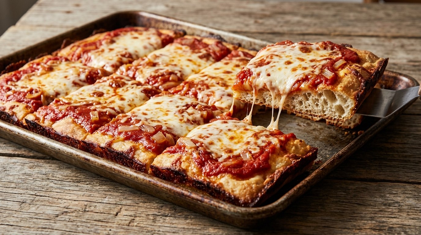 Pizza styles: Old Forge red tray pizza in a metal sheet pan, one cut lifted