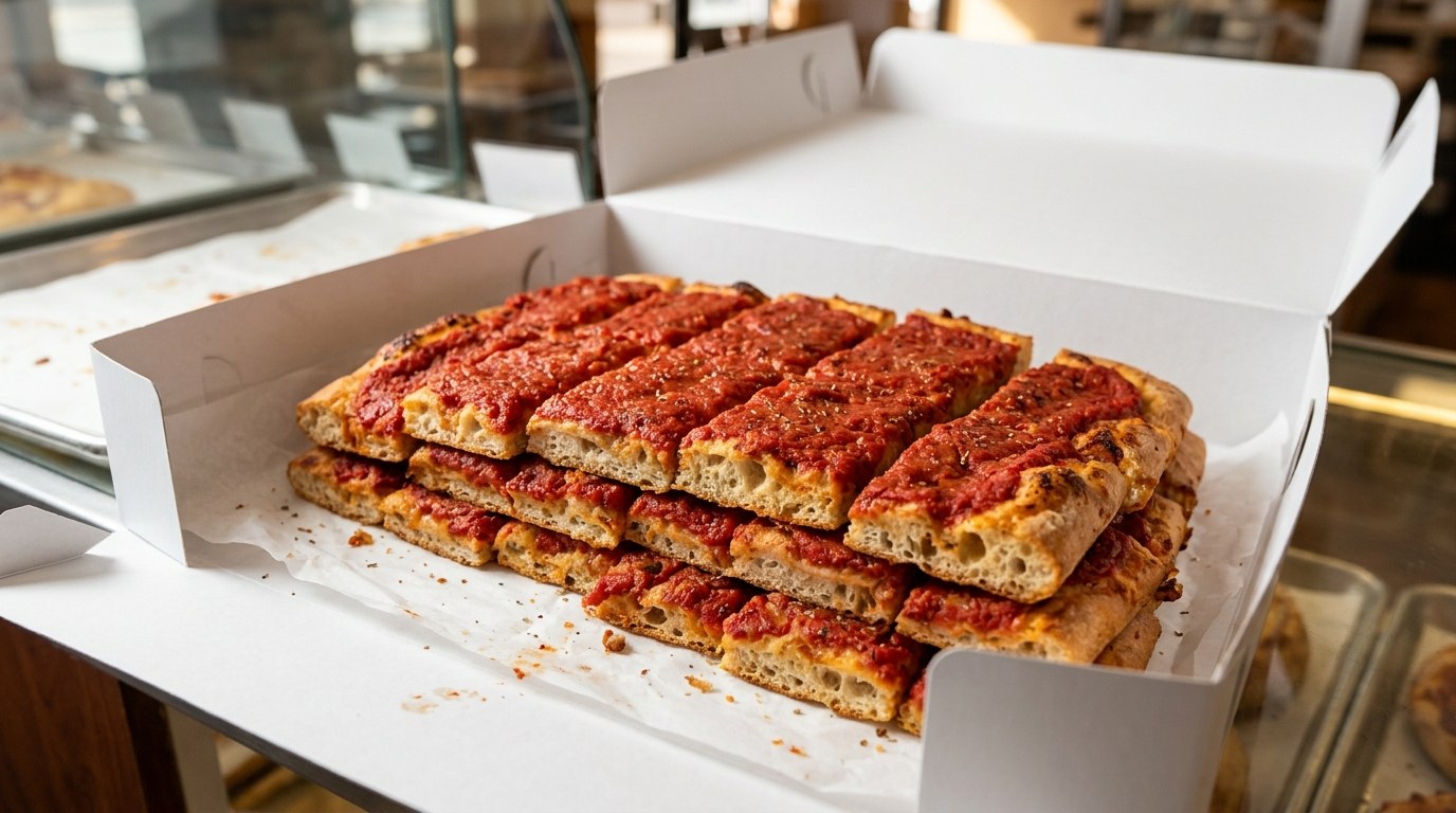 Rhode Island strips of thick bread with tomato sauce and no cheese in a white bakery box