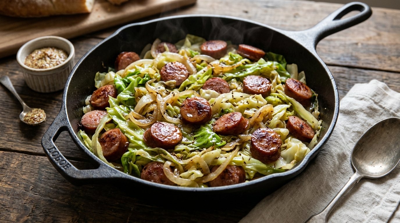 Braised cabbage and onions with smoked sausage in a skillet