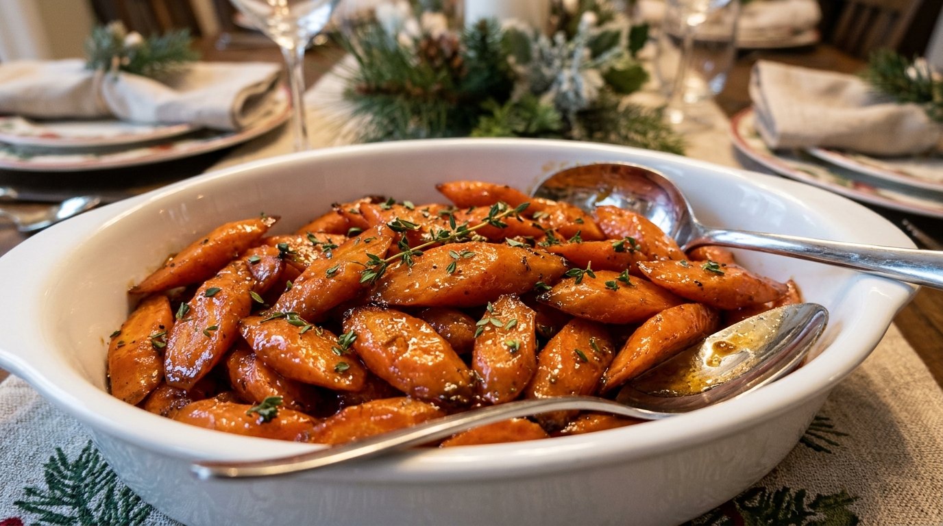 Shiny glazed carrots with thyme in a white dish