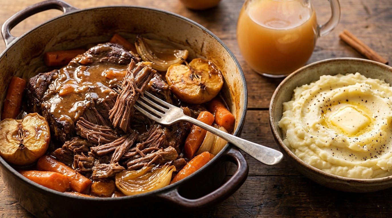 Apple cider dinners: slow cooker pot roast with apples, carrots and mashed potatoes