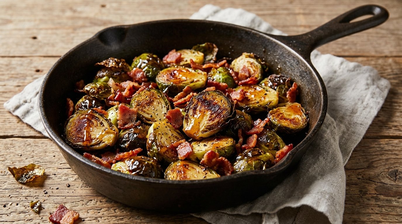 Roasted Brussels sprouts with crispy bacon in a cast iron pan