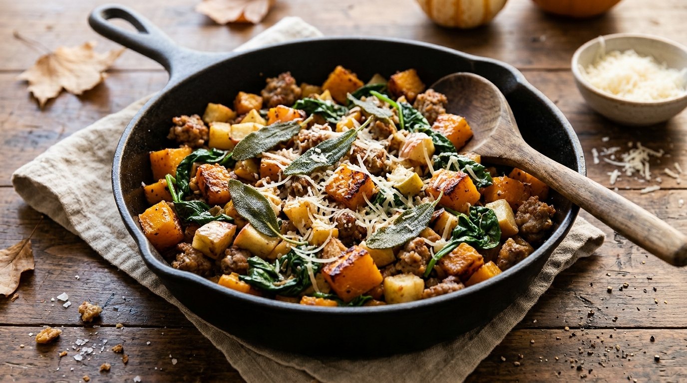 Apple cider dinners: butternut squash and sausage skillet with sage