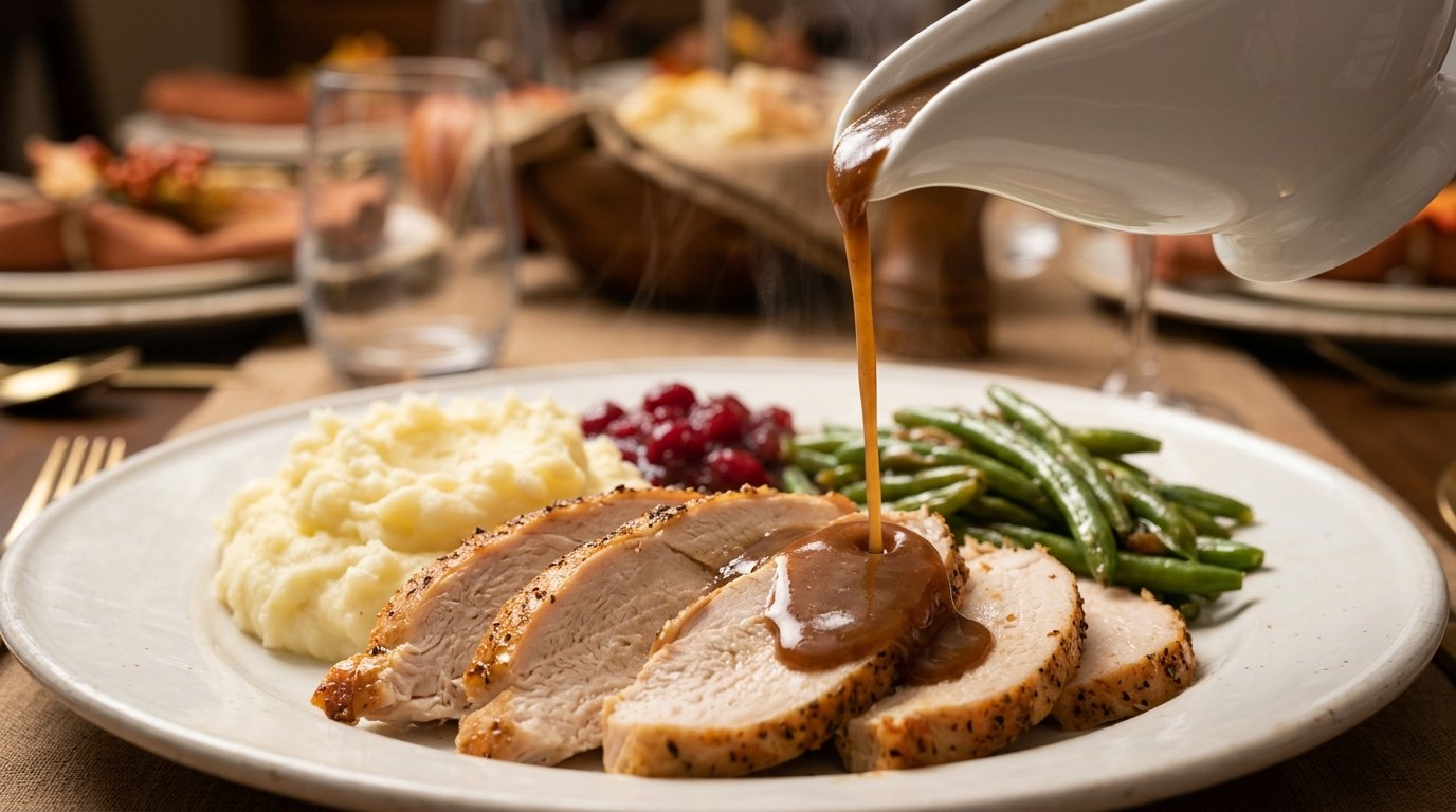 Apple cider dinners: sliced roast turkey with gravy and mashed potatoes