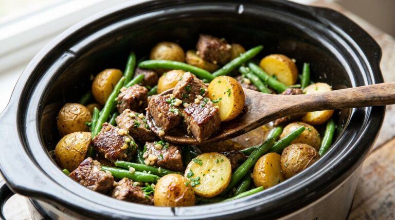 Onion soup mix recipes: slow cooker garlic butter steak bites with potatoes and green beans