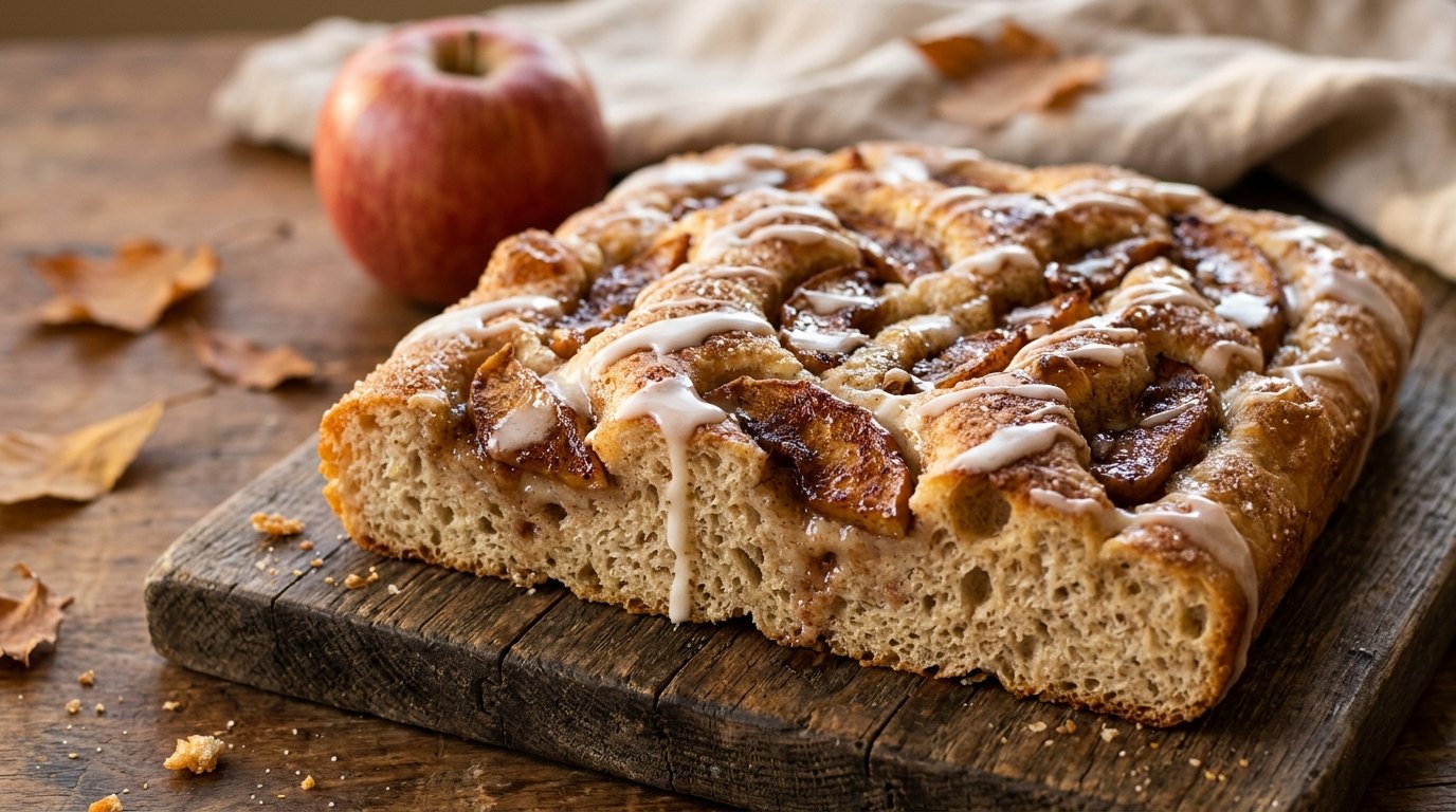 Apple fritter squares with cinnamon apples and vanilla glaze on a board
