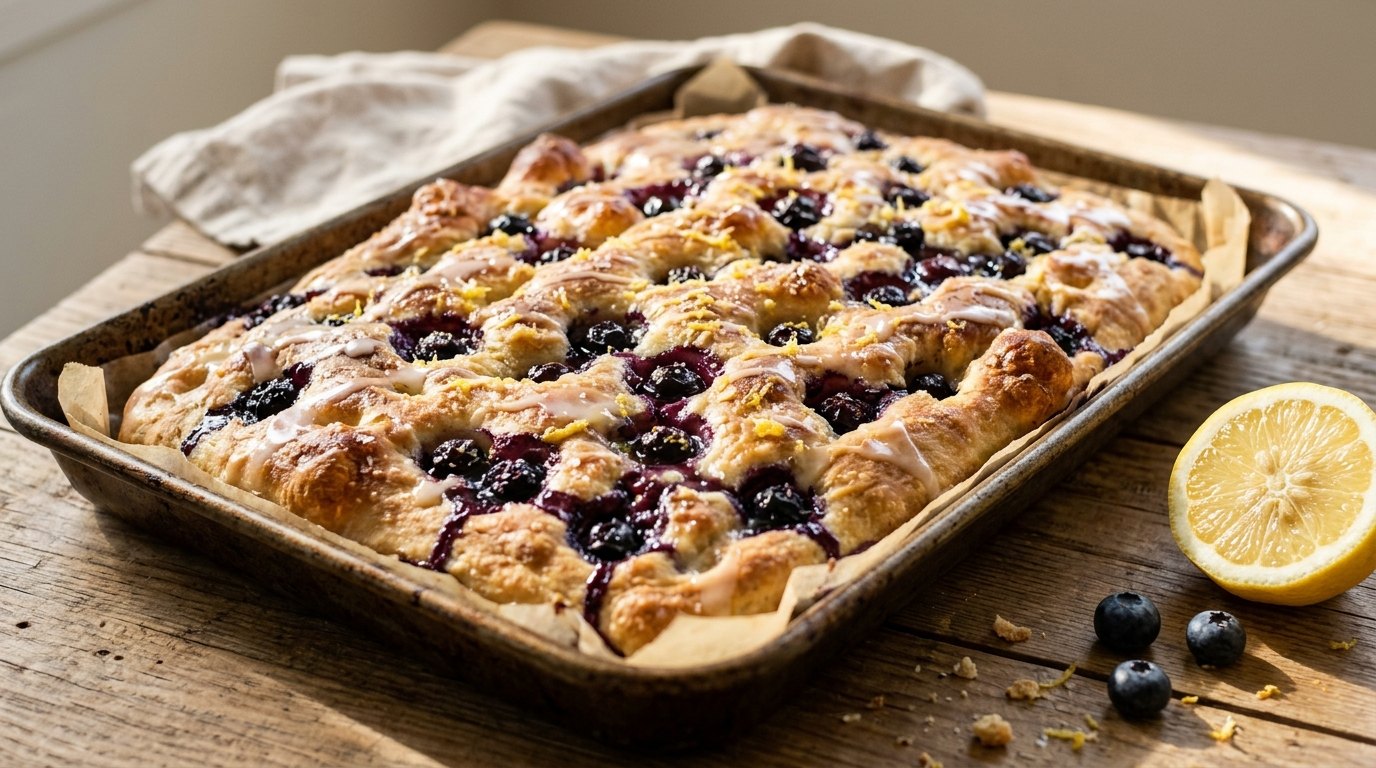 Focaccia recipes: blueberry lemon focaccia with a lemon glaze in a pan