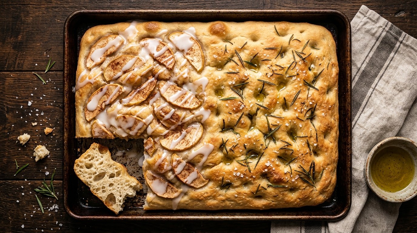 Focaccia recipes: sheet pan focaccia half with glazed cinnamon apples and half with rosemary and sea salt