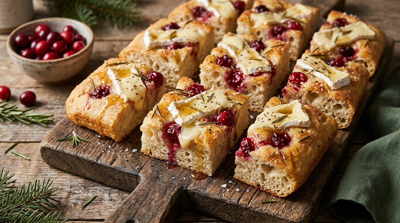 Squares of holiday bread with melted brie, cranberries and rosemary