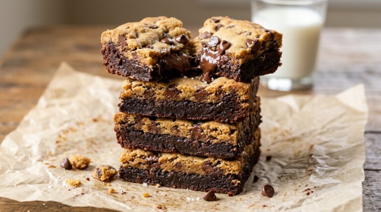 Brookies: a stack of brownie and chocolate chip cookie squares with a gooey center and milk behind