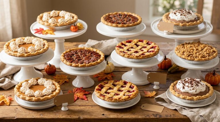 Mini pies on cake stands on a Thanksgiving dessert table with pumpkin, pecan, cherry and apple