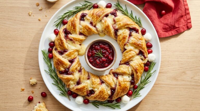 Christmas wreath appetizers: braided puff pastry wreath with brie, cranberry and rosemary