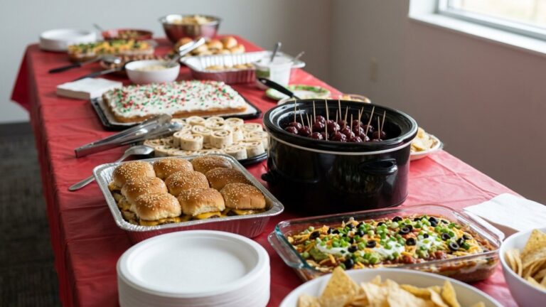 Work potluck ideas: office holiday potluck table with slow cooker meatballs, sliders, pinwheels and dip