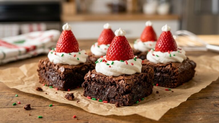 Christmas brownies: Santa hat brownie bites with whipped cream and strawberries