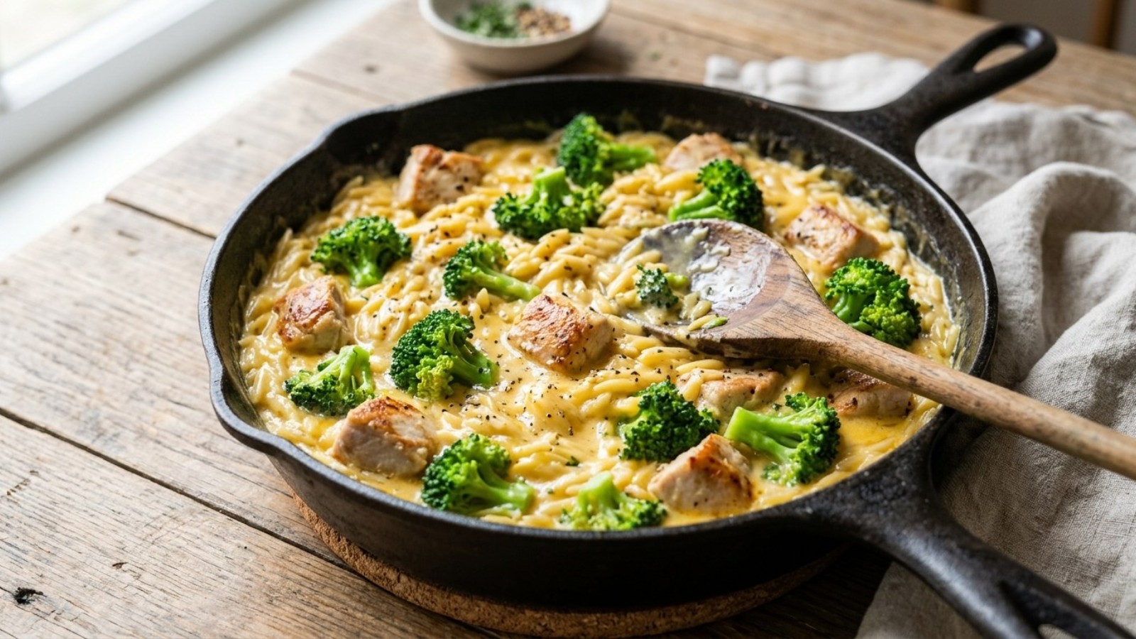 Creamy broccoli cheddar chicken in a pan