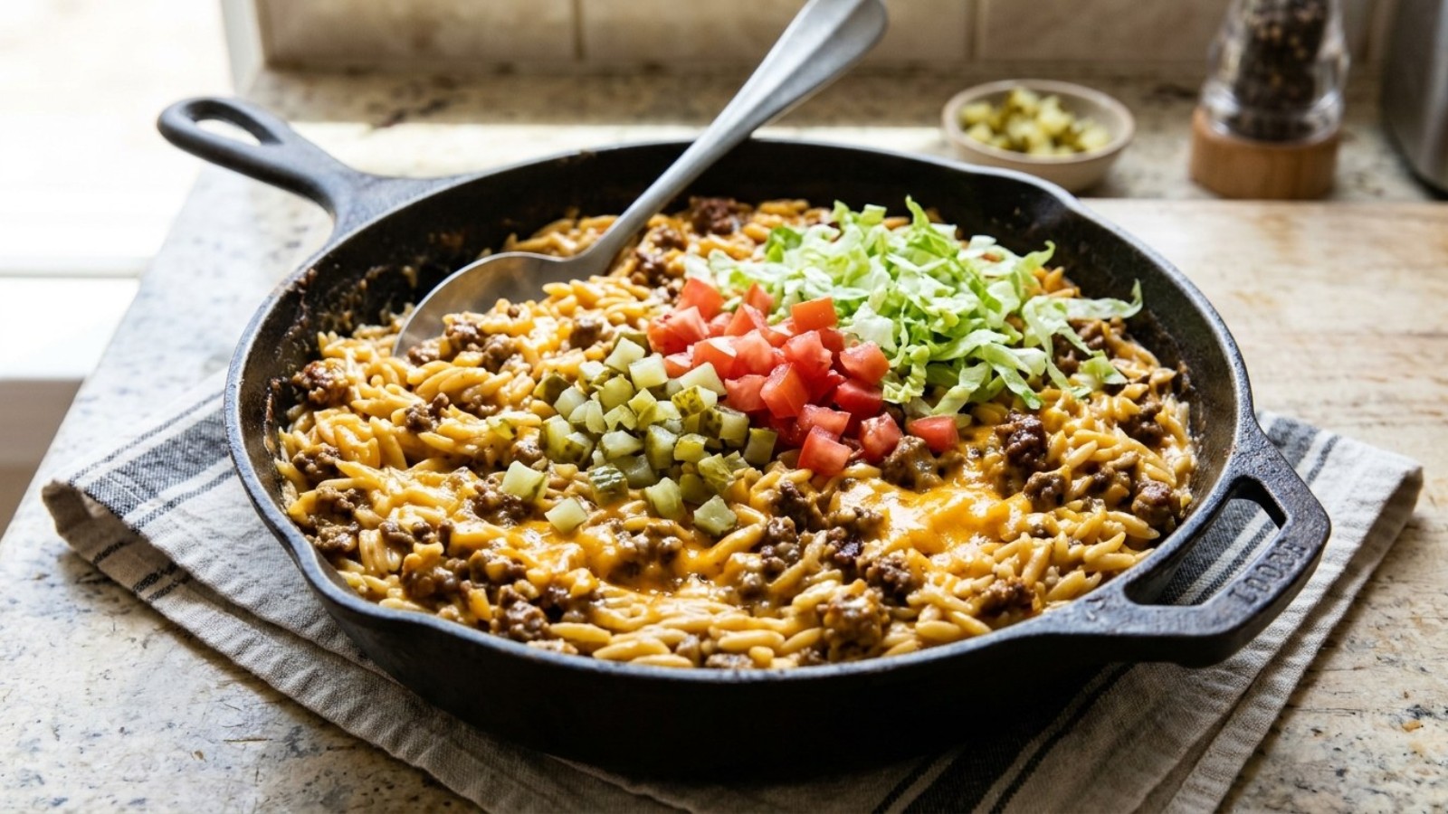 Cheeseburger skillet with melted cheddar, pickles and tomatoes