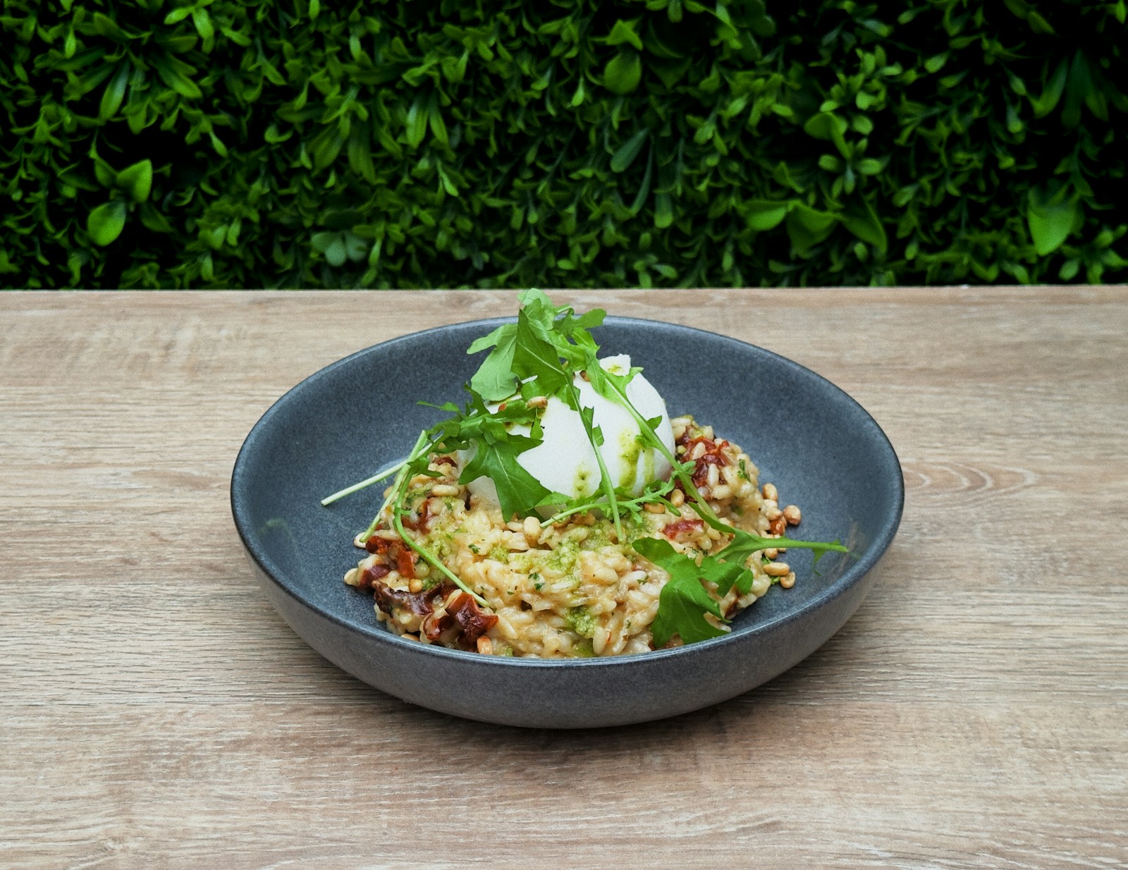 Bowl of tomato orzo topped with creamy burrata and fresh herbs