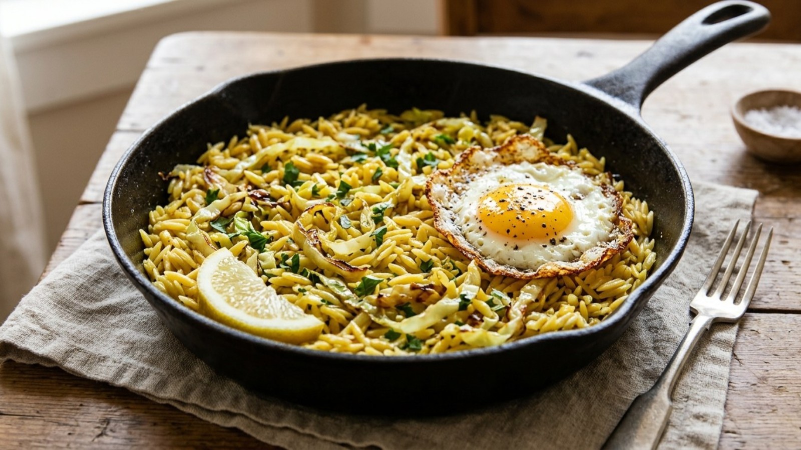 Golden cabbage cooked in butter with tiny pasta in a pan